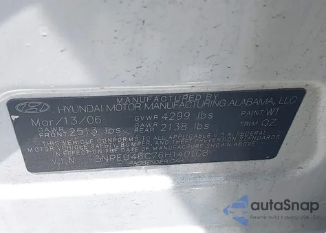 2006 Hyundai Sonata Gls/Lx z USA, uszkodzony, nr VIN 5NPEU46C76H140108